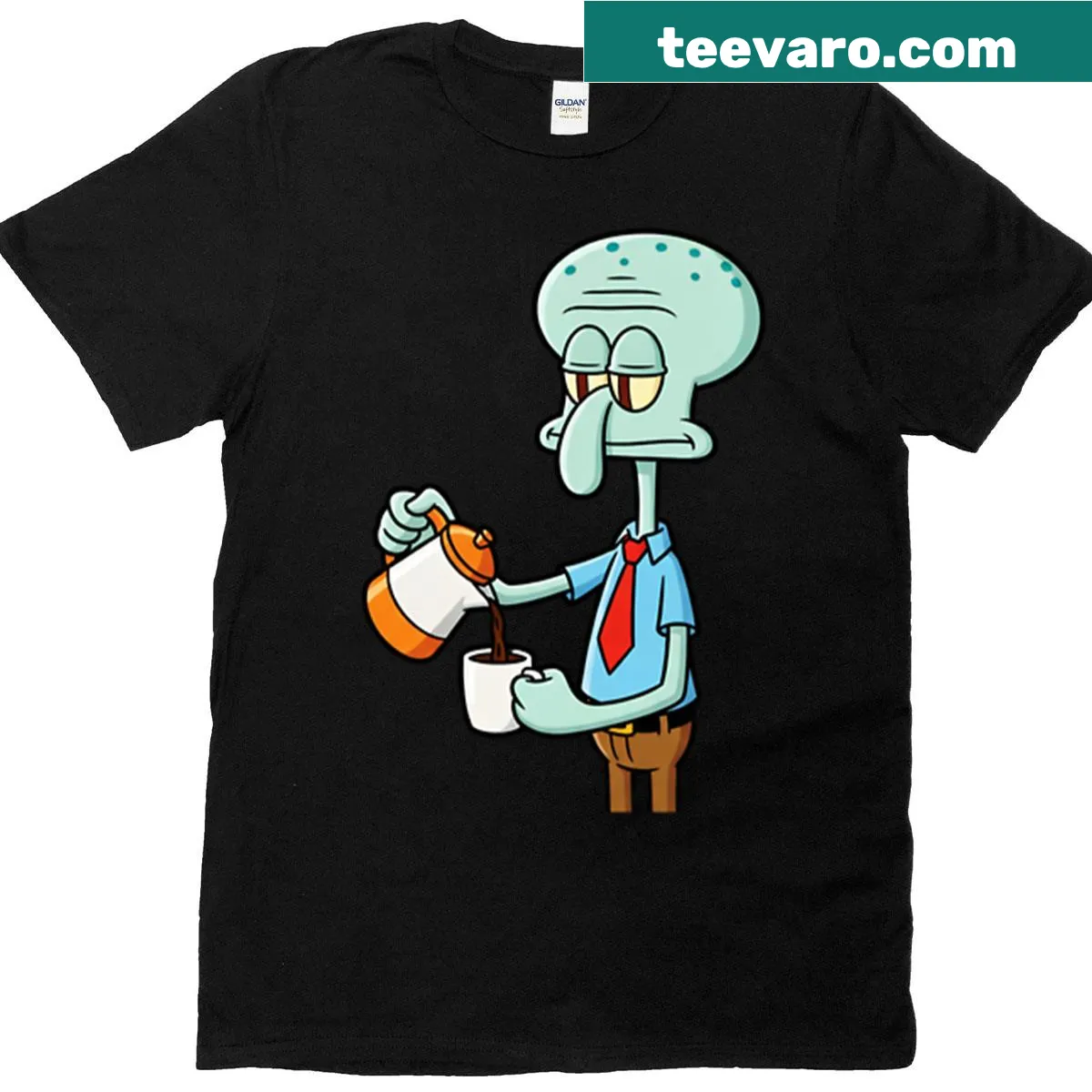 Cartoon Squidward enjoying coffee on an office-themed t-shirt. — on a men's t-shirt