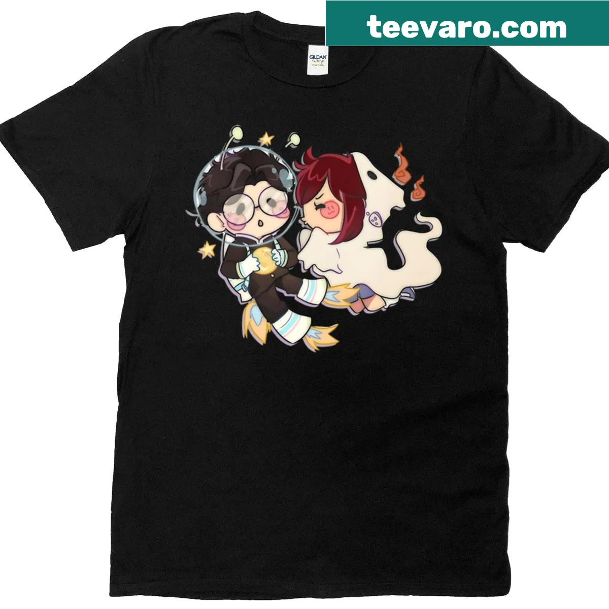 Chibi alien and ghost characters on a T-shirt — on a men's t-shirt