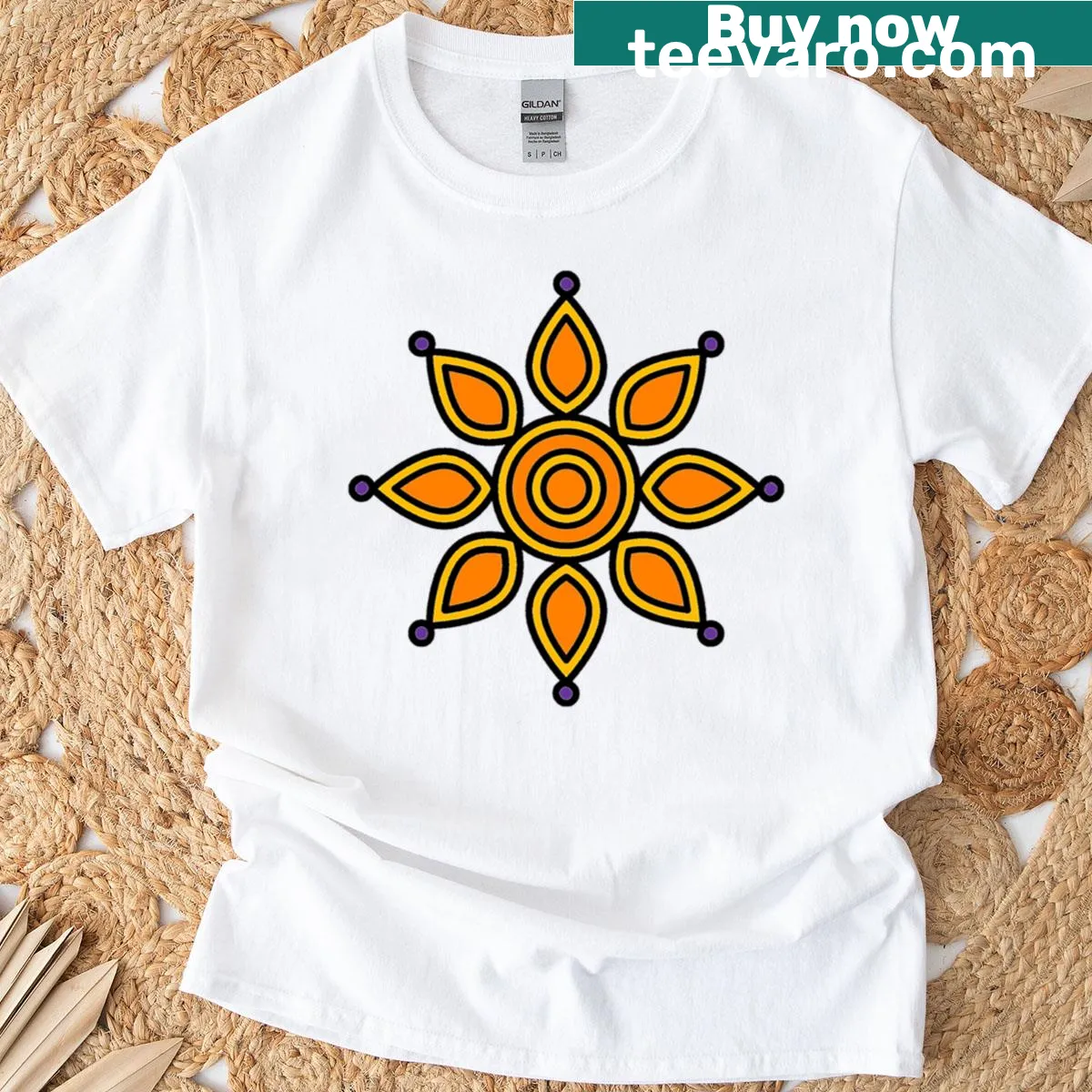 Boho decorative art t-shirt featuring an orange mandala pattern — on a men's t-shirt
