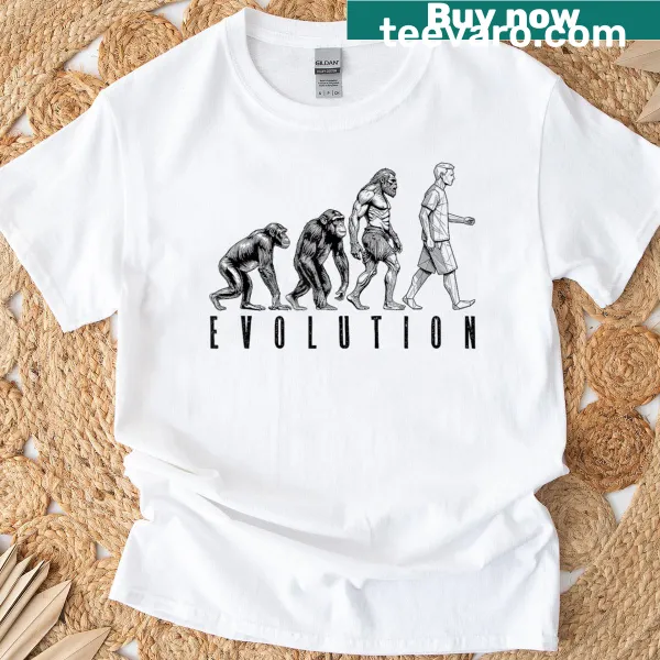 Graphic of evolution from ape to origami artist on T-shirt