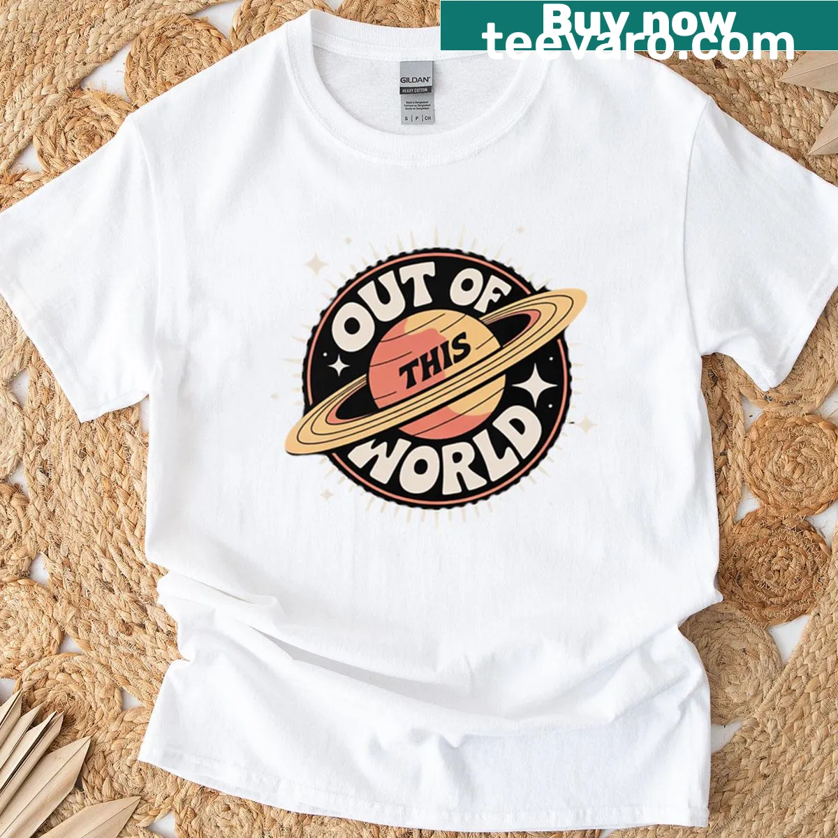 Cartoon-style space-themed graphic featuring planets on a t-shirt — on a men's t-shirt