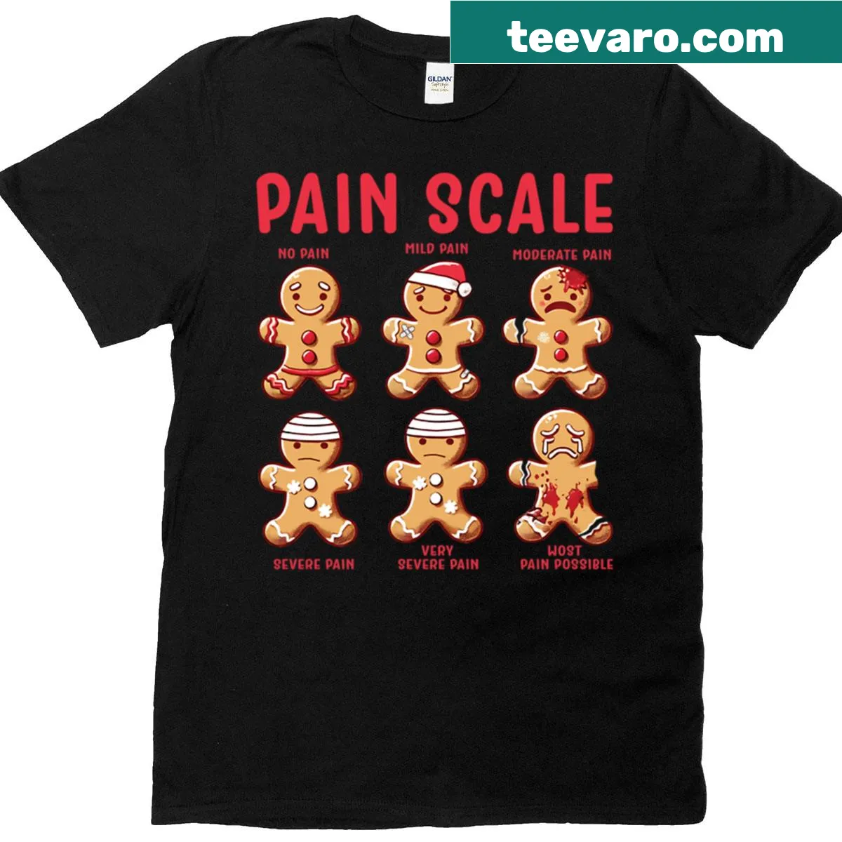 Christmas-themed T-shirt for nurses with gingerbread man and pain scale graphic — on a men's t-shirt