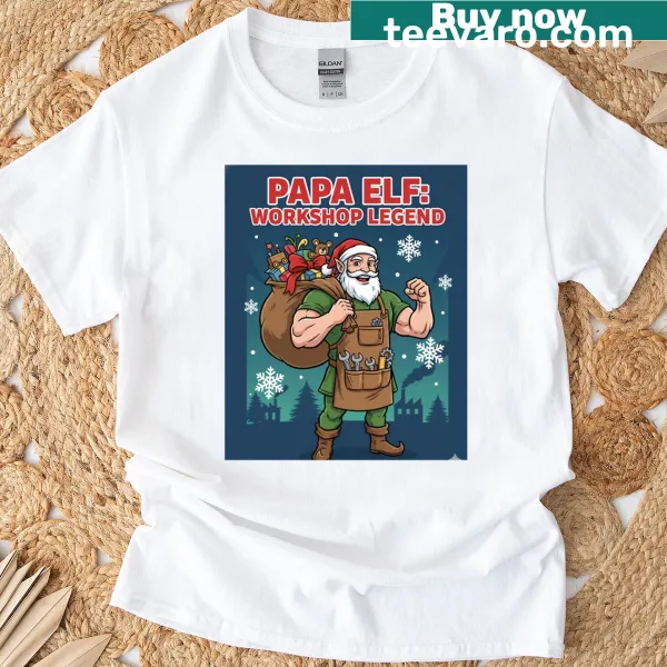 Papa Elf Workshop Legend T-shirt with whimsical design