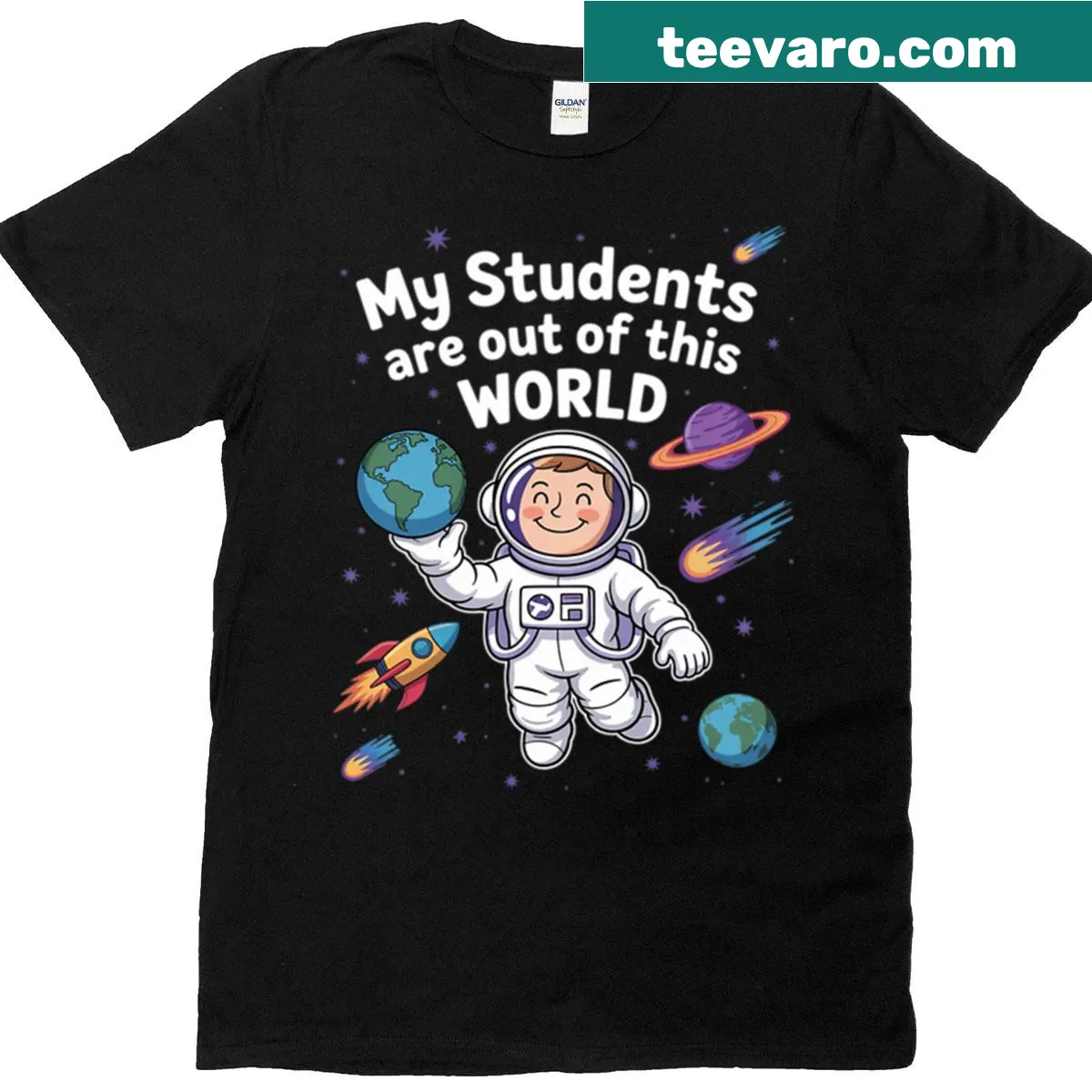 Space-themed T-shirt for paraprofessionals with the phrase about students — on a men's t-shirt