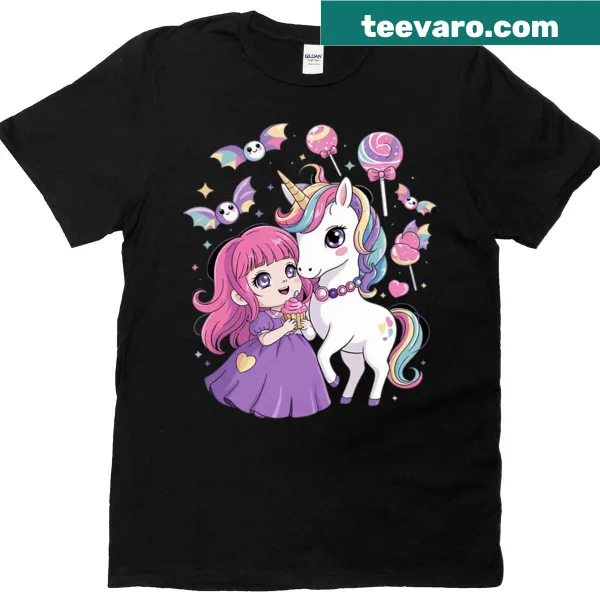 Kawaii T-shirt featuring a pastel goth girl with unicorns and witchy elements