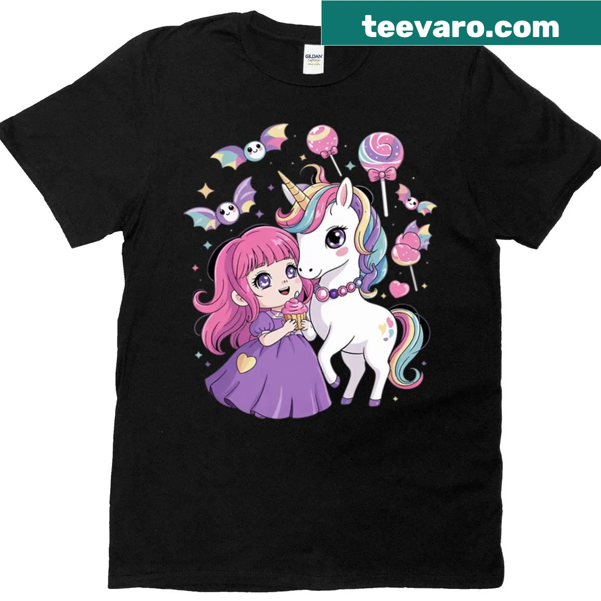Kawaii T-shirt featuring a pastel goth girl with unicorns and witchy elements — on a men's t-shirt