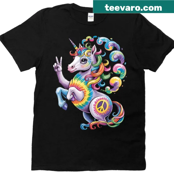 Illustration of a peace sign and unicorn on a T-shirt