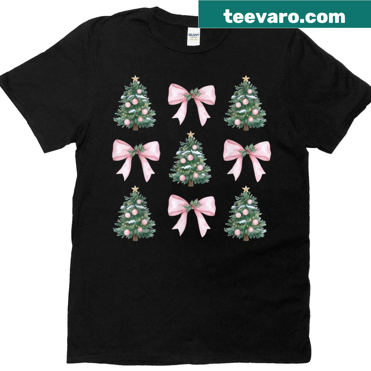 Girly T-shirt featuring a pink bow Christmas tree illustration — on a men's t-shirt