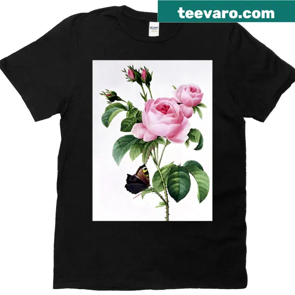 T-shirt featuring a floral design of pink roses and a butterfly