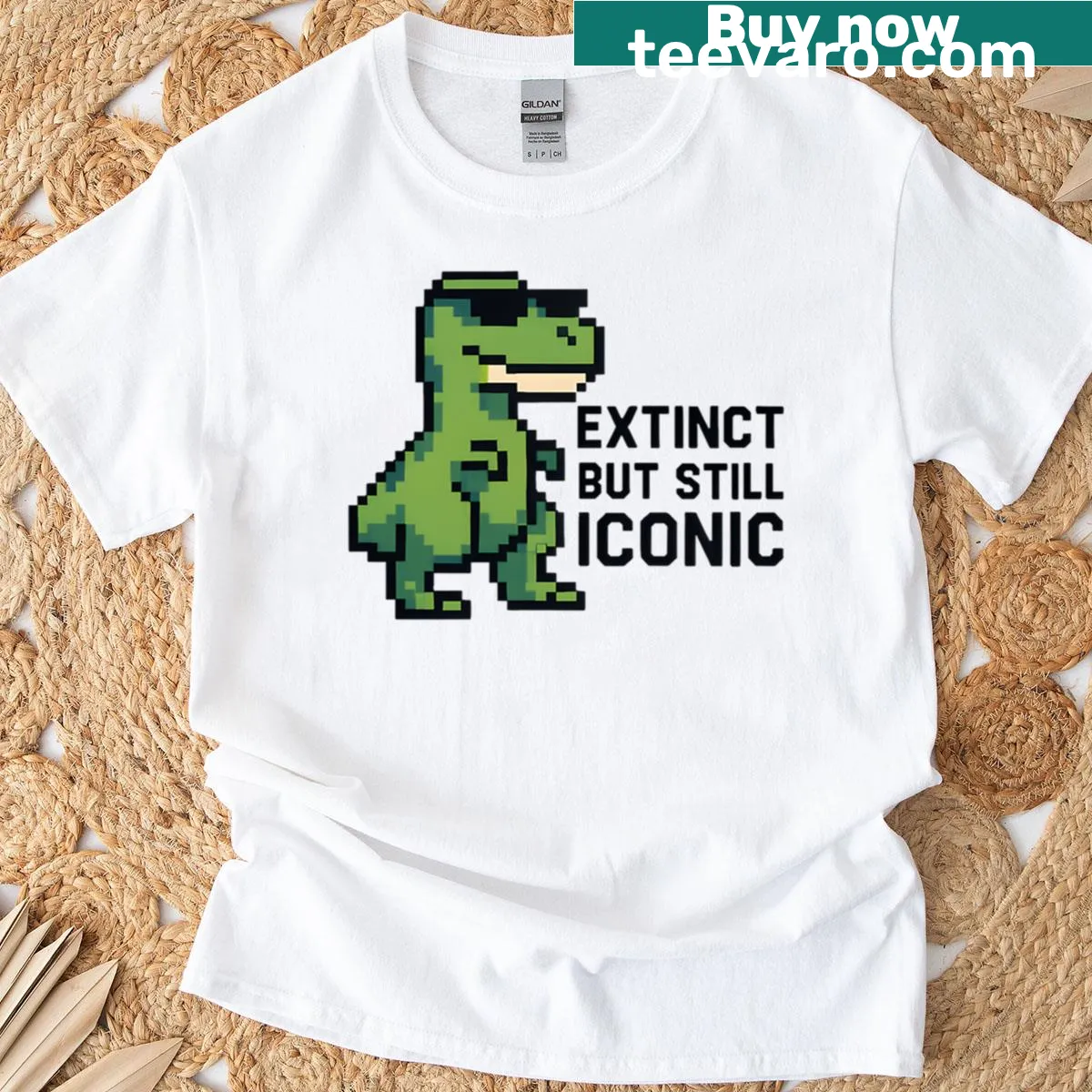 Pixel dinosaur with sunglasses graphic t-shirt — on a men's t-shirt
