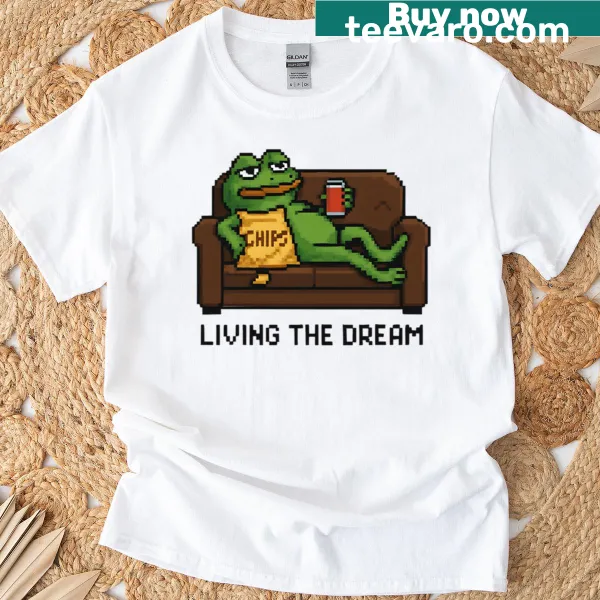Pixelated frog lounging on a couch graphic T-shirt