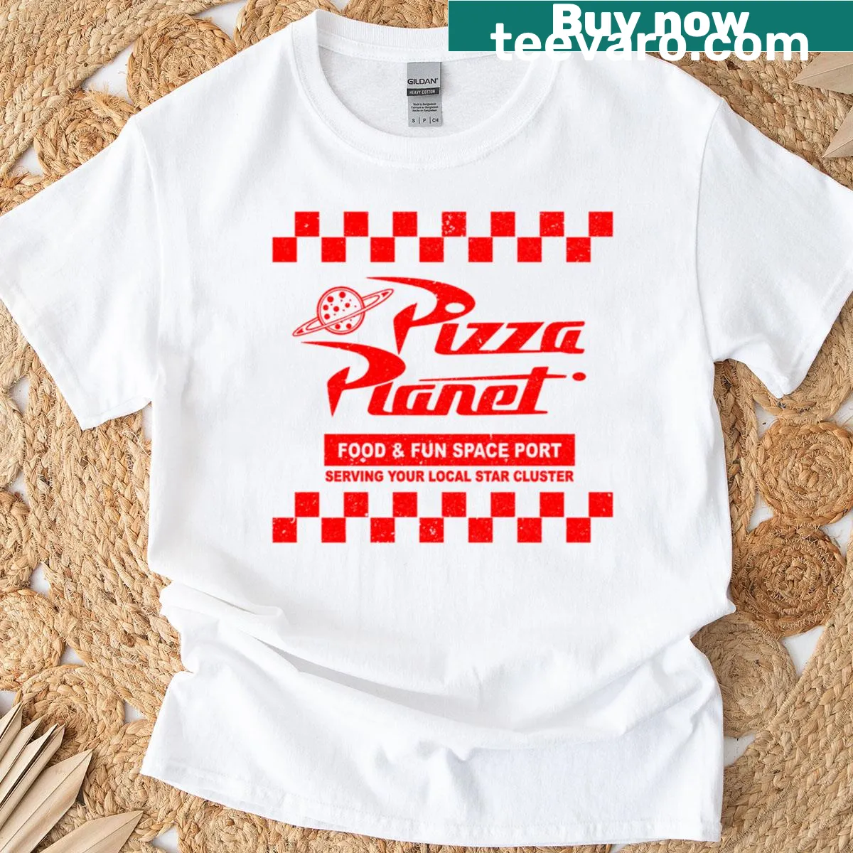 Pizza Planet themed graphic T-shirt — on a men's t-shirt