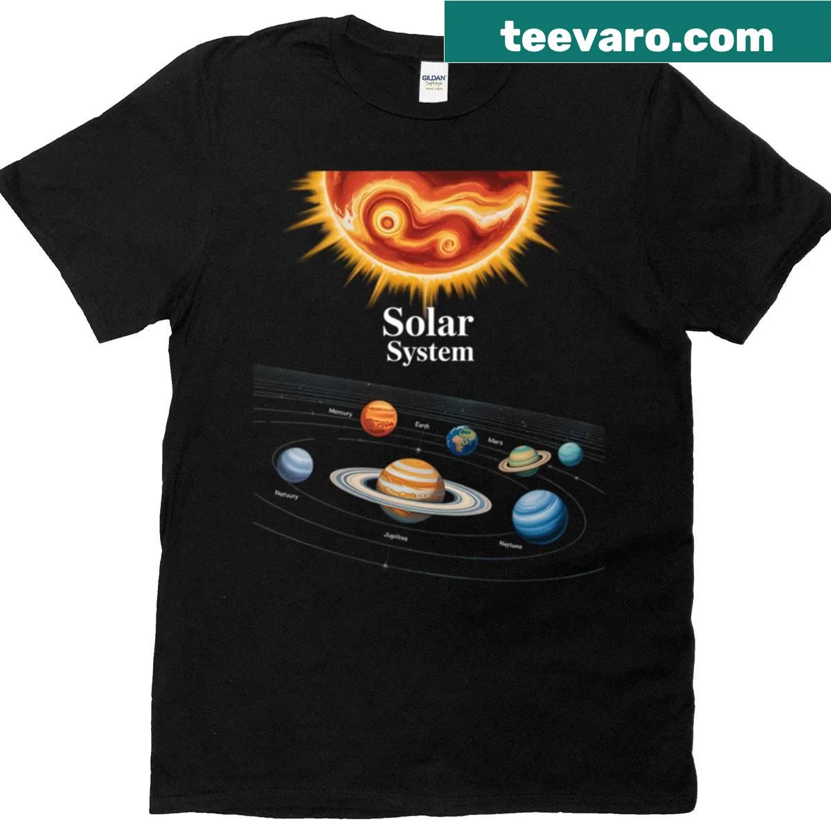Science-themed T-shirt with planets and outer space graphic — on a men's t-shirt