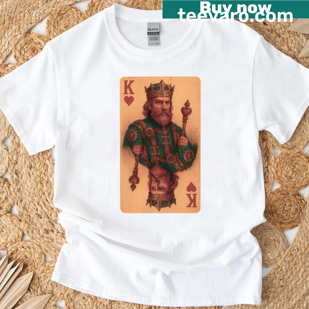 Cartoon graphic t-shirt featuring a funny playing cards theme with a king — on a men's t-shirt