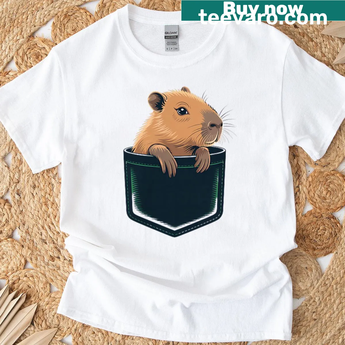 Funny t-shirt featuring a pocket capybara graphic — on a men's t-shirt
