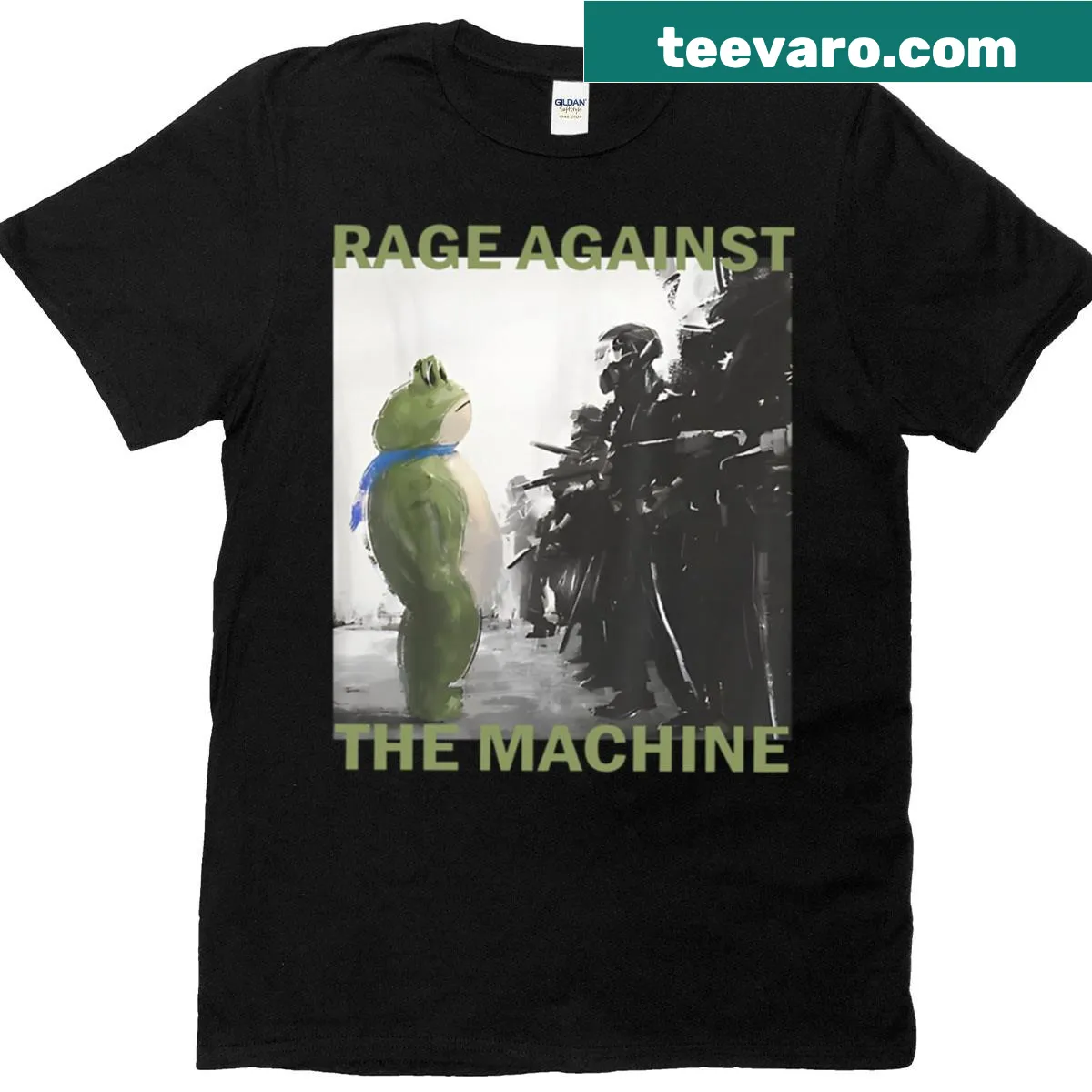 Cute T-shirt with a cartoon frog at a protest — on a men's t-shirt