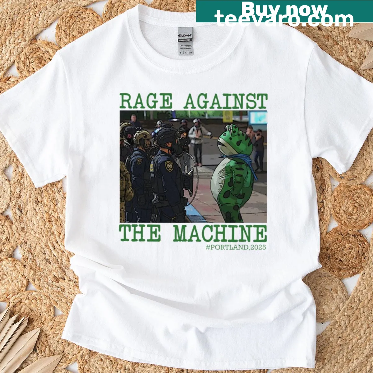 Illustration t-shirt featuring a frog and Rage Against The Machine theme — on a men's t-shirt