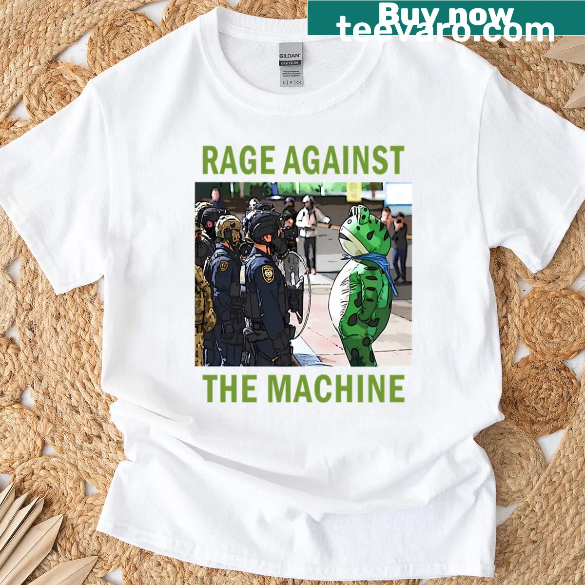 Cartoon frog illustration on a protest-themed t-shirt — on a men's t-shirt