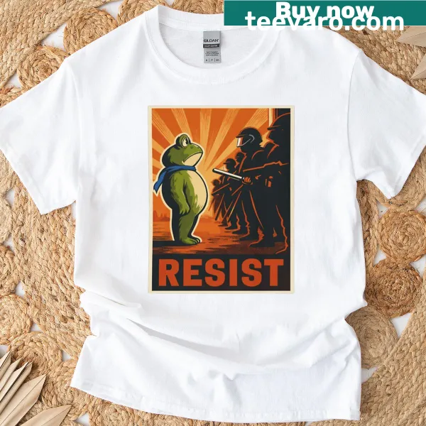 Whimsical frog illustration holding a protest sign on a T-shirt
