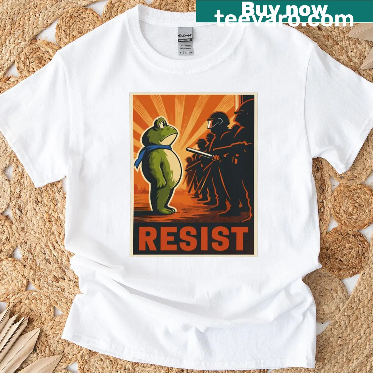 Whimsical frog illustration holding a protest sign on a T-shirt — on a men's t-shirt