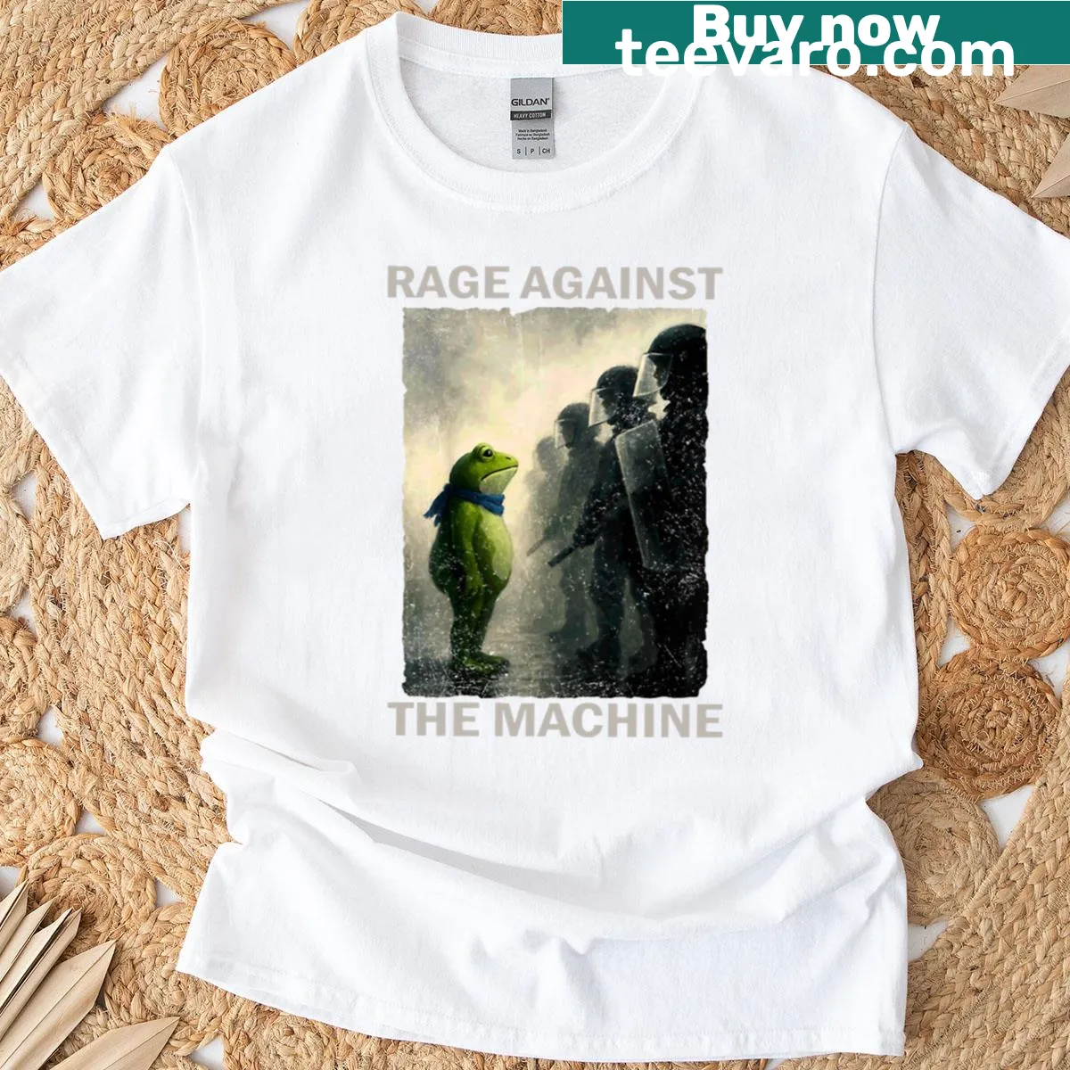Frog graphic inspired by Rage Against The Machine on T-shirt — on a men's t-shirt