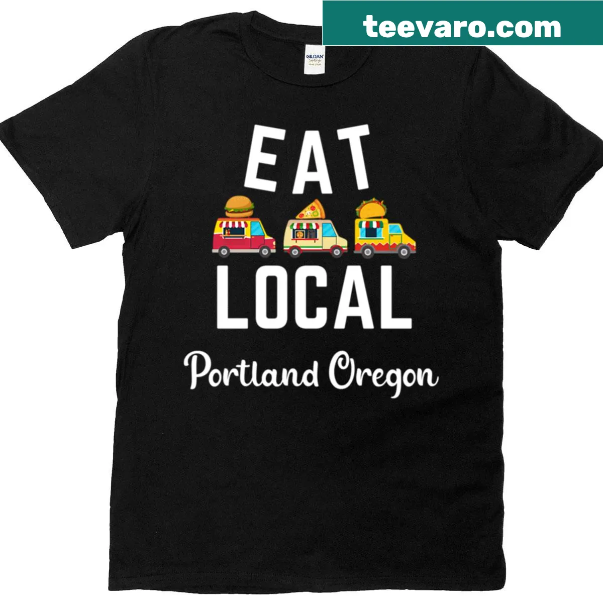 Illustration of food trucks celebrating Portland's cuisine — on a men's t-shirt