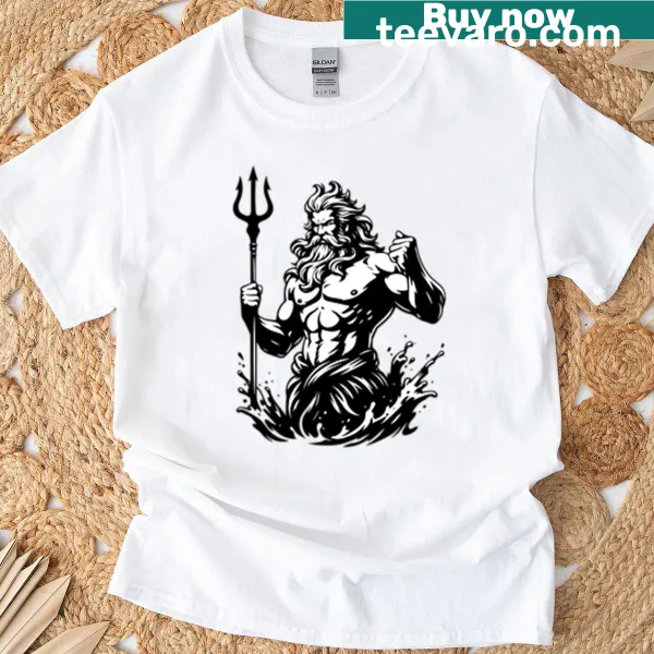 Monochrome illustration of Poseidon rising from the waves with trident