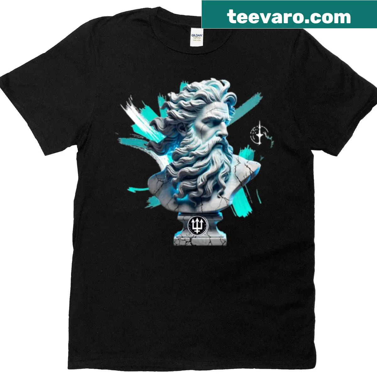 Illustrated Poseidon T-shirt representing the power of the ocean depths — on a men's t-shirt