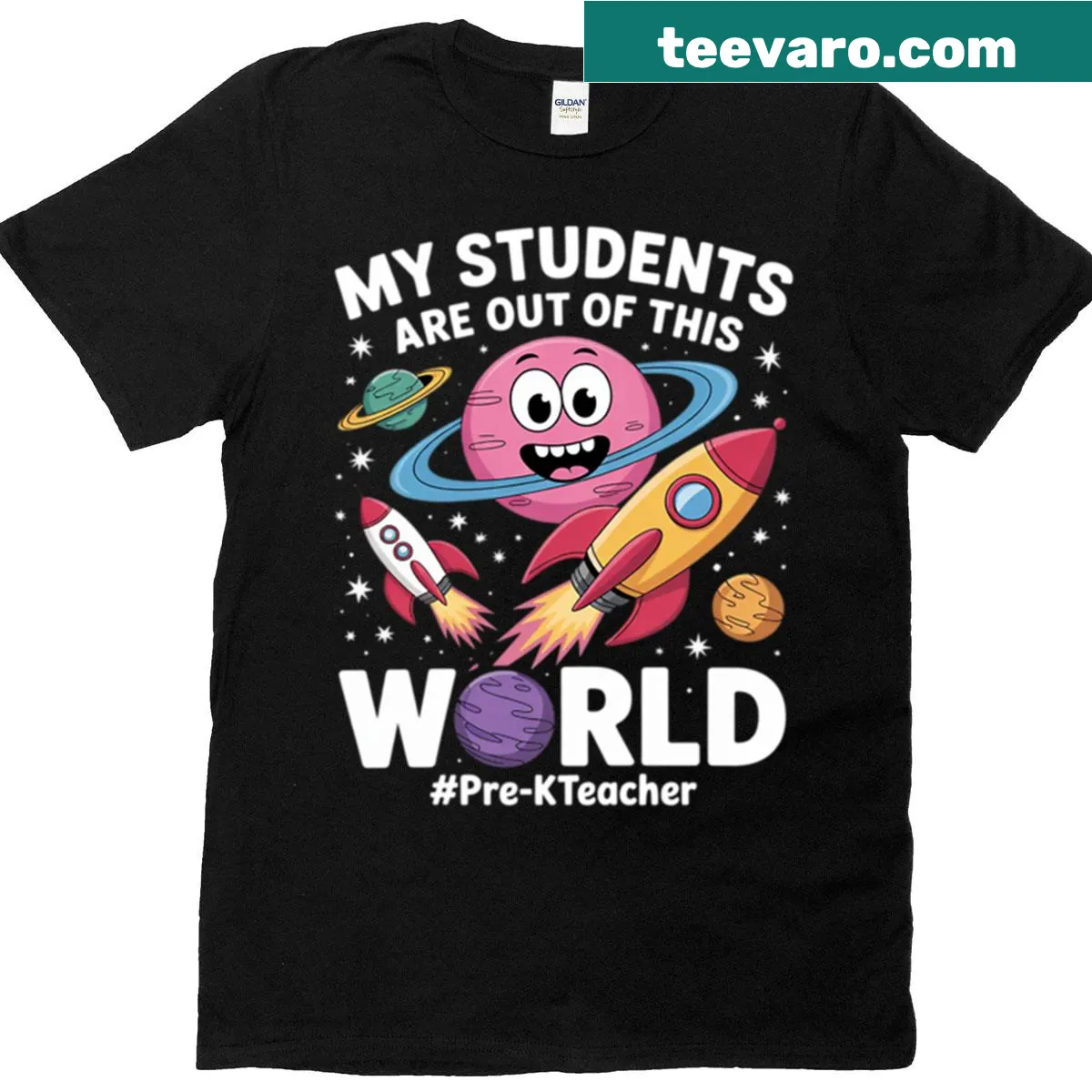 T-shirt with space-themed design saying My Students Are Out Of This World — on a men's t-shirt