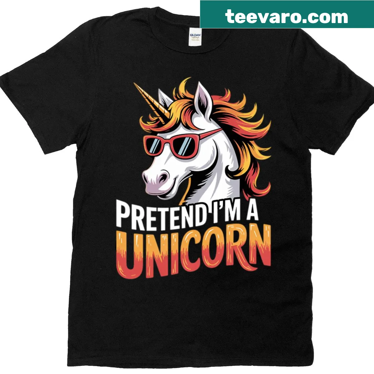 Cute T-shirt with 'Pretend I'm A Unicorn' text and unicorn graphic — on a men's t-shirt
