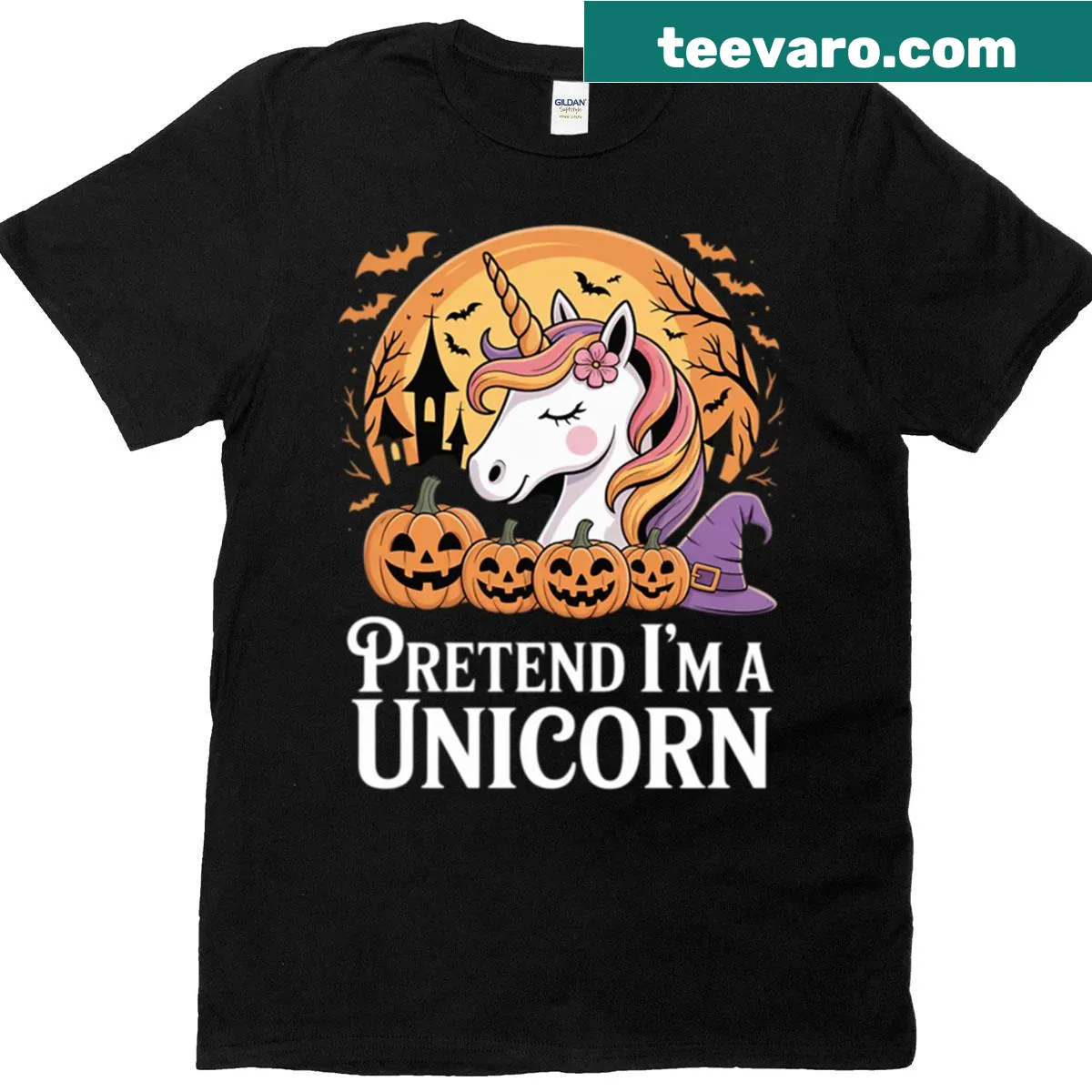 Cartoon unicorn design on a Halloween-themed T-shirt — on a men's t-shirt