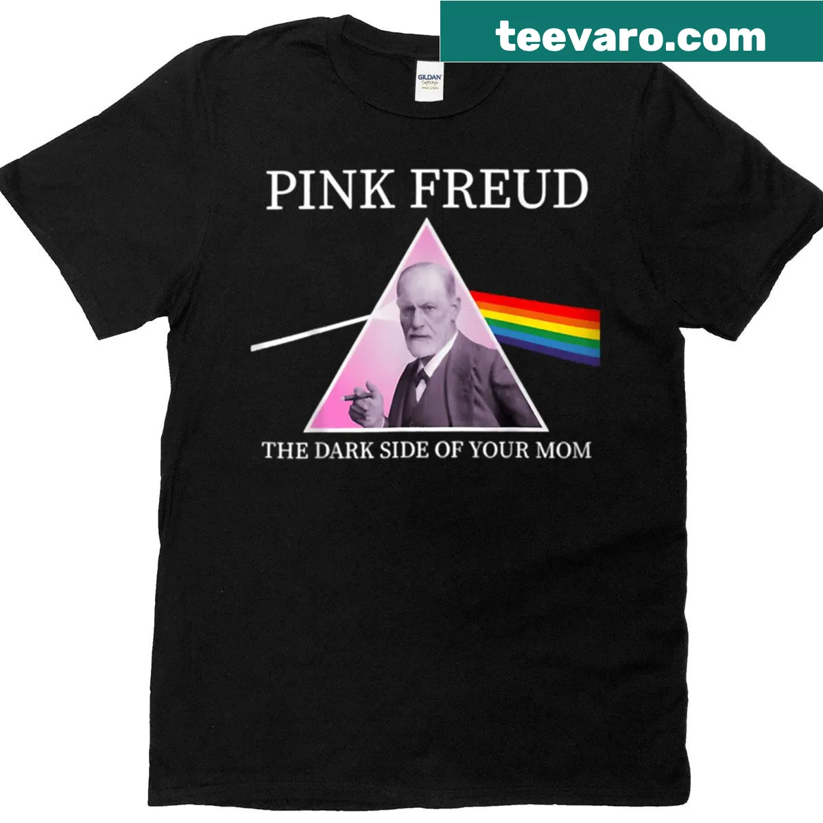 T-shirt with Freudian theme about motherhood in bold pink typography — on a men's t-shirt