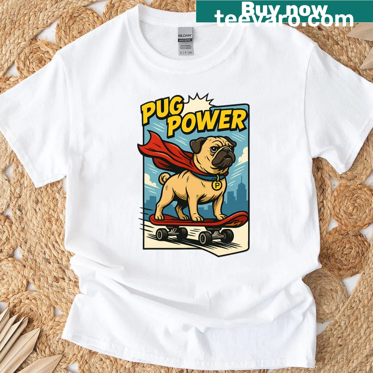 Comic-style Pug superhero on skateboard graphic T-shirt — on a men's t-shirt