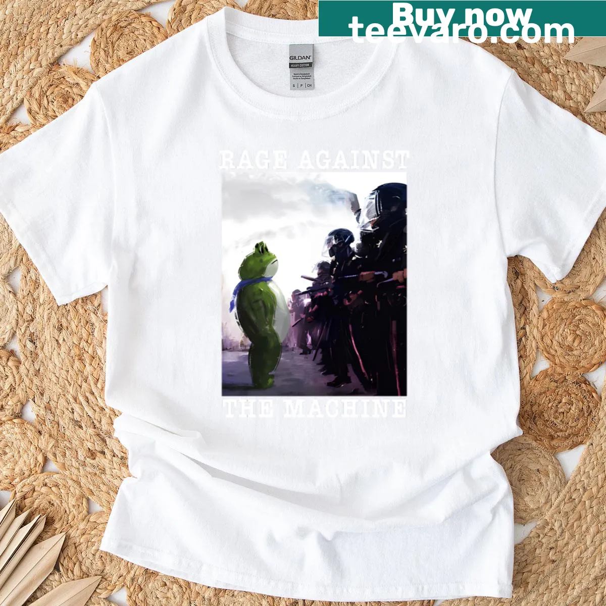Graphic T-shirt featuring a frog and protest text — on a men's t-shirt