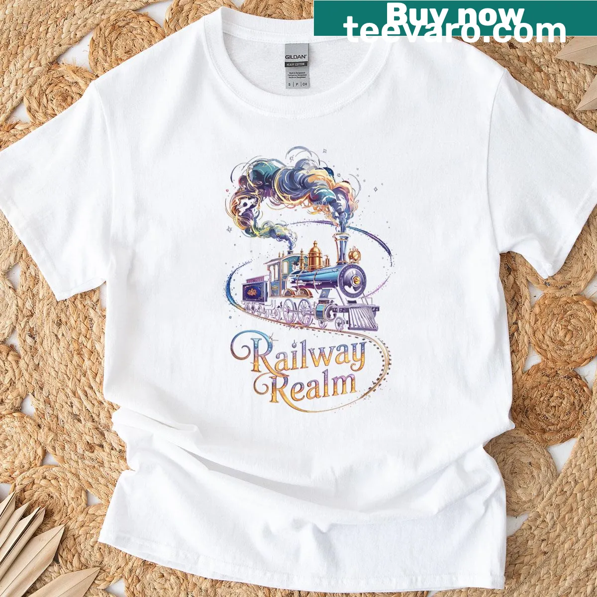 Retro T-shirt depicting a fantasy steam locomotive — on a men's t-shirt