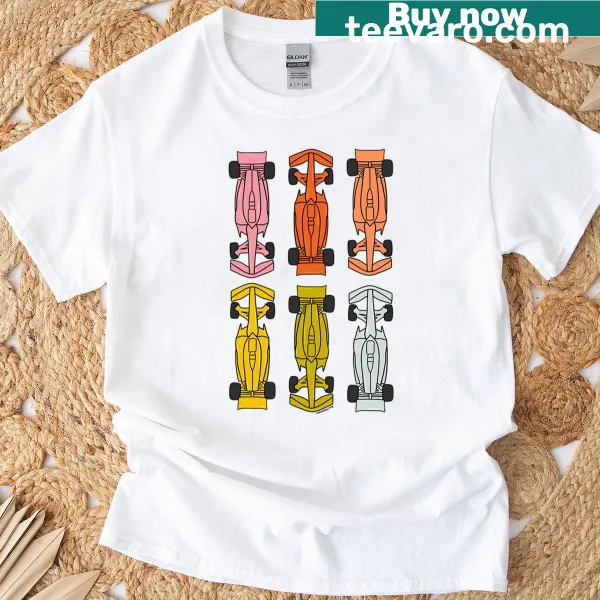 Playful cartoon t-shirt featuring a vibrant racing car