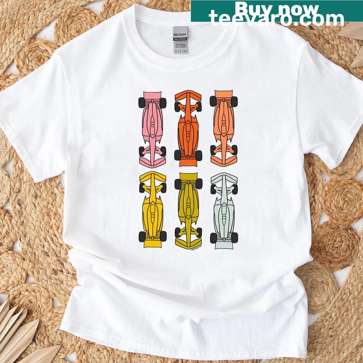 Playful cartoon t-shirt featuring a vibrant racing car — on a men's t-shirt
