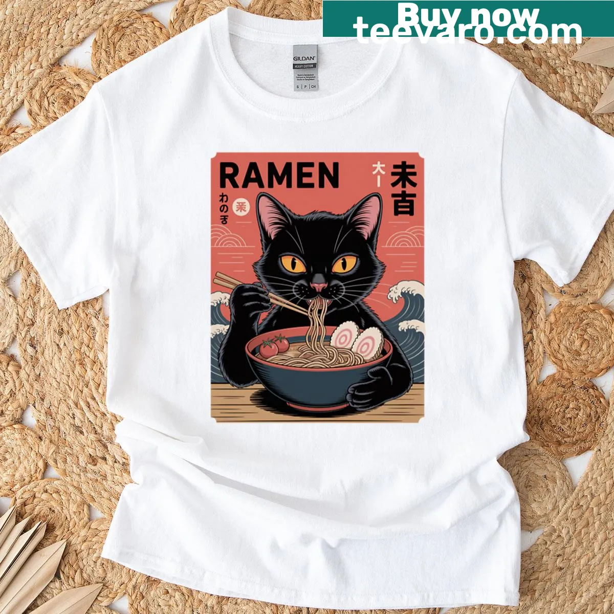 Playful black cat with ramen in Ukiyoe style on T-shirt — on a men's t-shirt