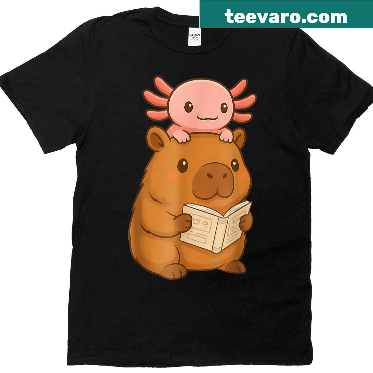 Funny T-shirt featuring capybaras, anime, and axolotls — on a men's t-shirt