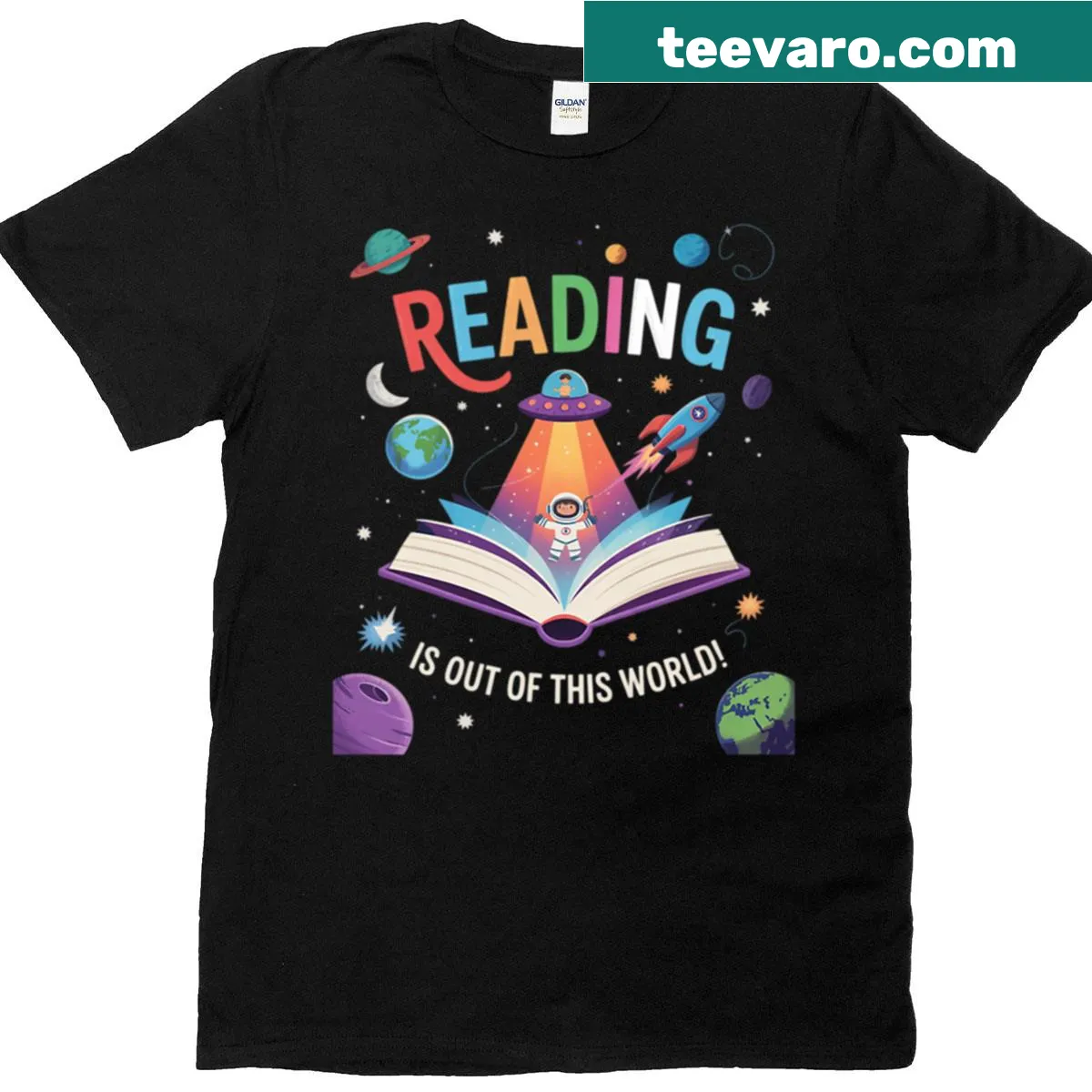 Astronaut-themed T-shirt stating 'Reading Is Out Of This World' — on a men's t-shirt