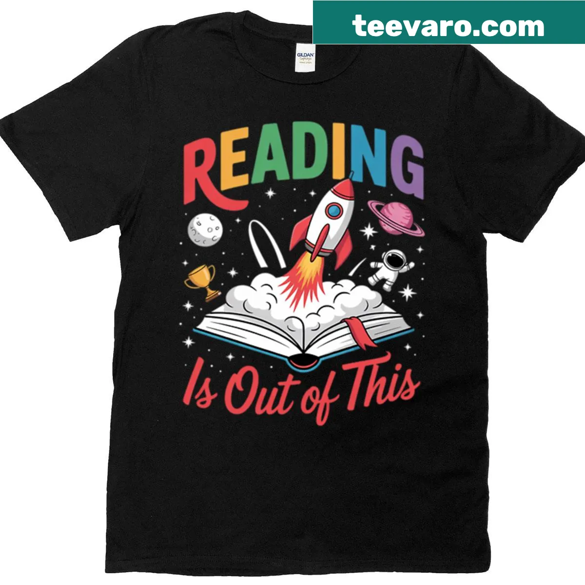 Space-themed t-shirt promoting reading with a spaceship graphic — on a men's t-shirt