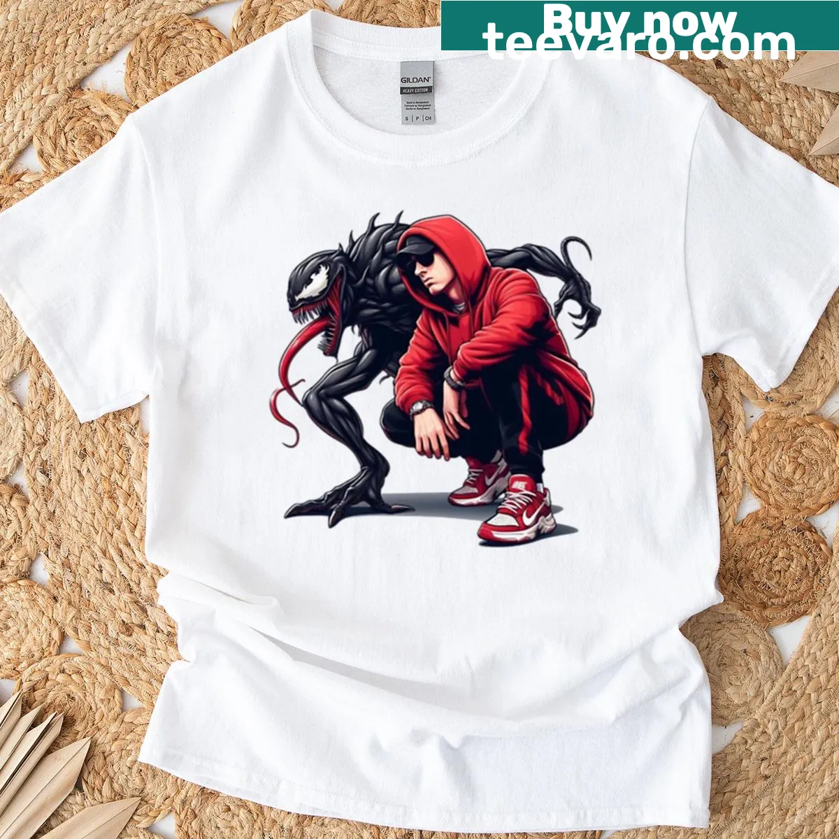 Gothic ink illustration of a red Oni demon on a t-shirt — on a men's t-shirt
