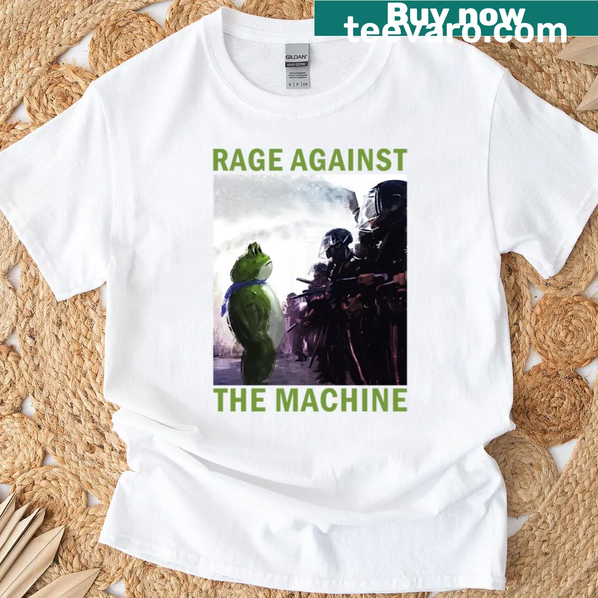 Playful frog graphic on a protest-themed t-shirt — on a men's t-shirt