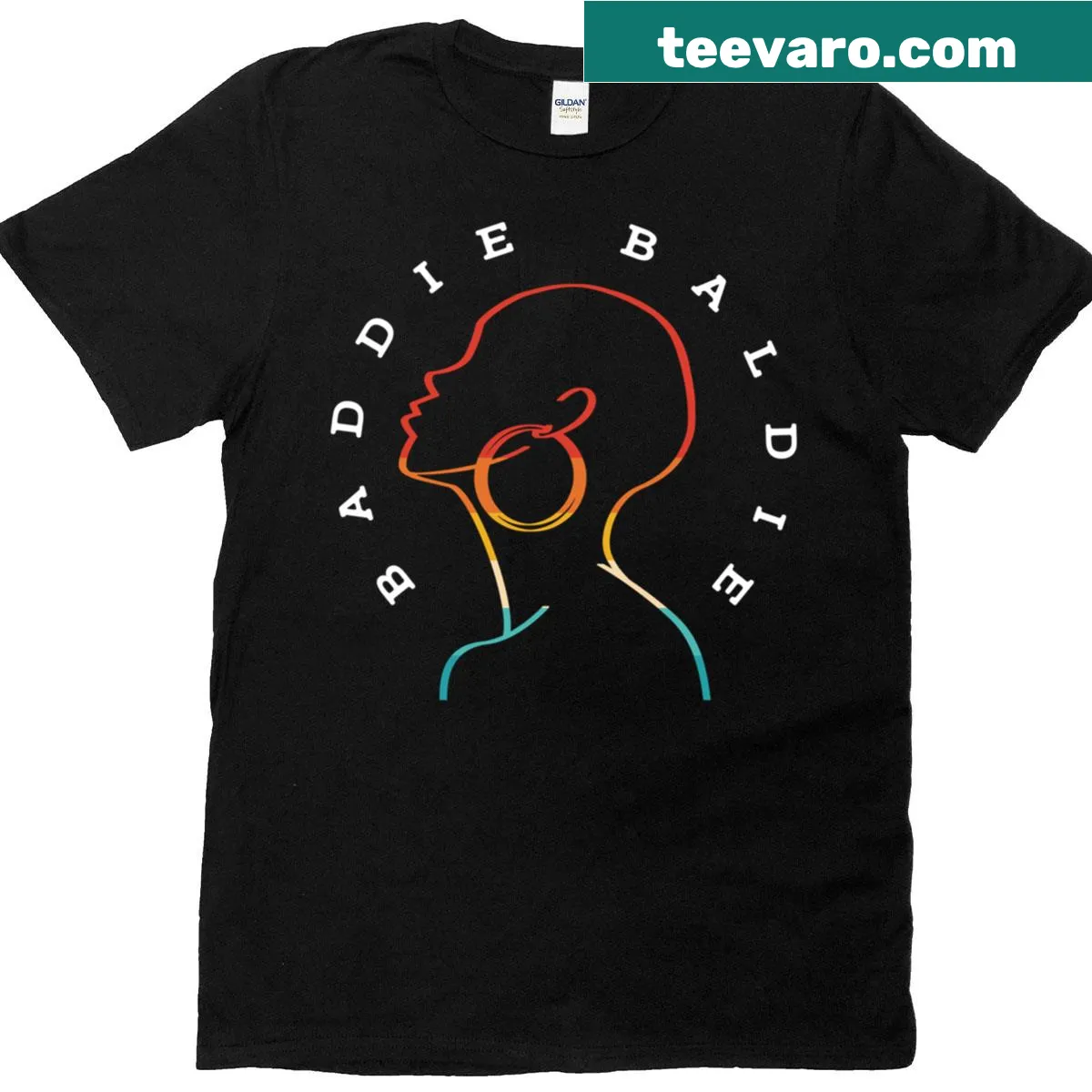 T-shirt featuring a retro illustration of a confident bald woman — on a men's t-shirt