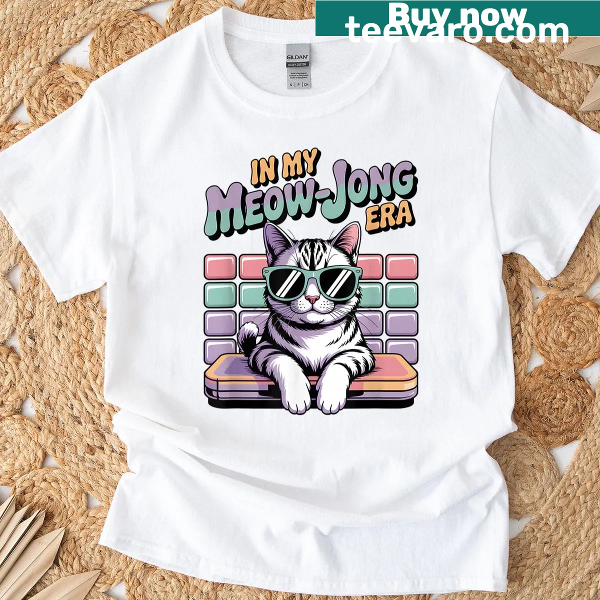 Retro cat wearing sunglasses graphic t-shirt — on a men's t-shirt