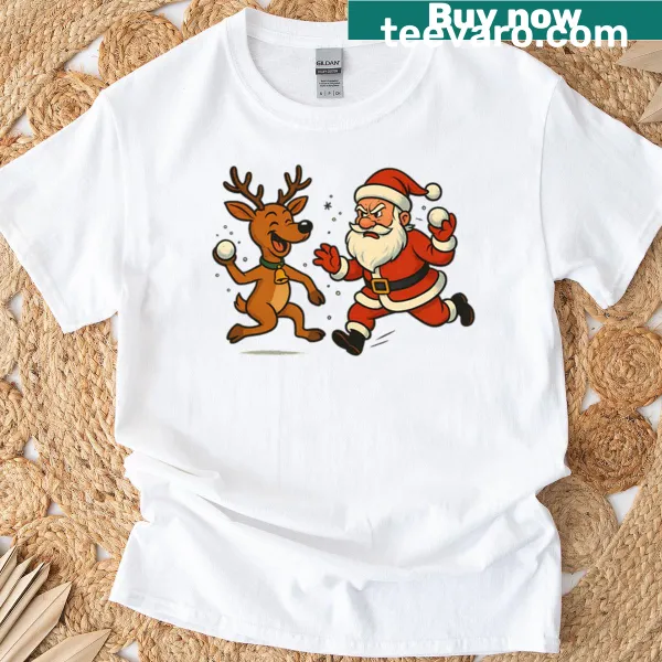 Santa and reindeer in a snowball fight graphic on t-shirt