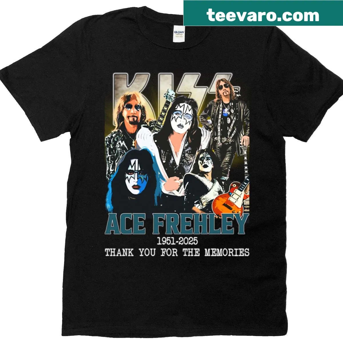 Tribute T-shirt for Ace Frehley with Thank You For The Memories text — on a men's t-shirt