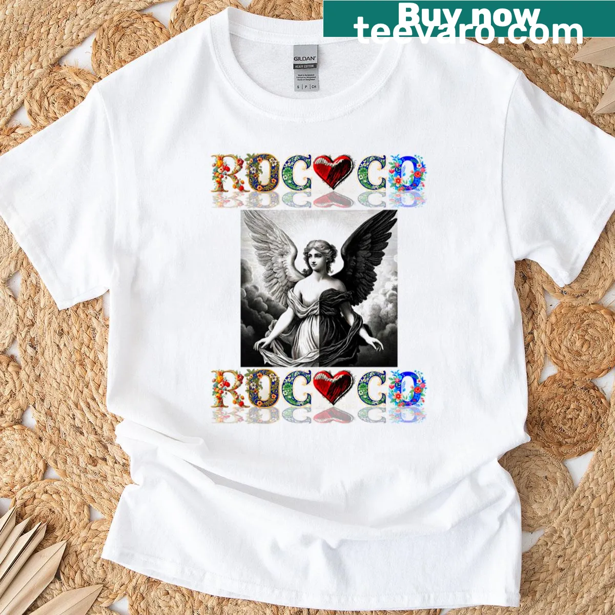 Minimalist black and white angel illustration t-shirt — on a men's t-shirt