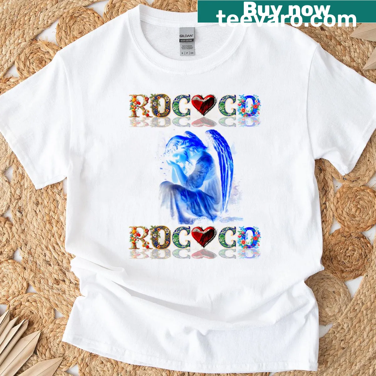 T-shirt featuring a Rococo style blue angel illustration — on a men's t-shirt