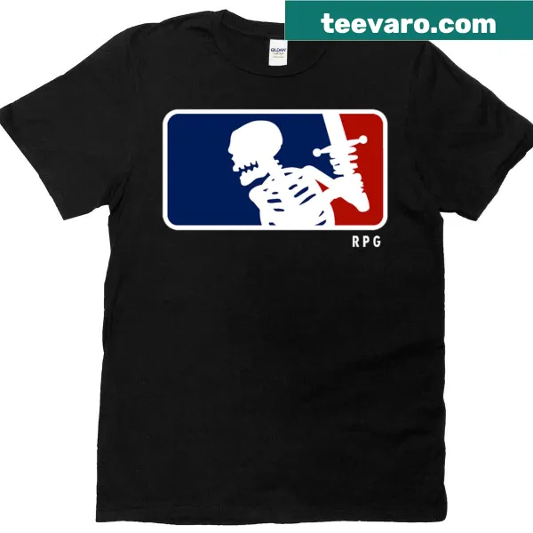 Cartoon skeleton graphic on Rpg Skelly T-shirt